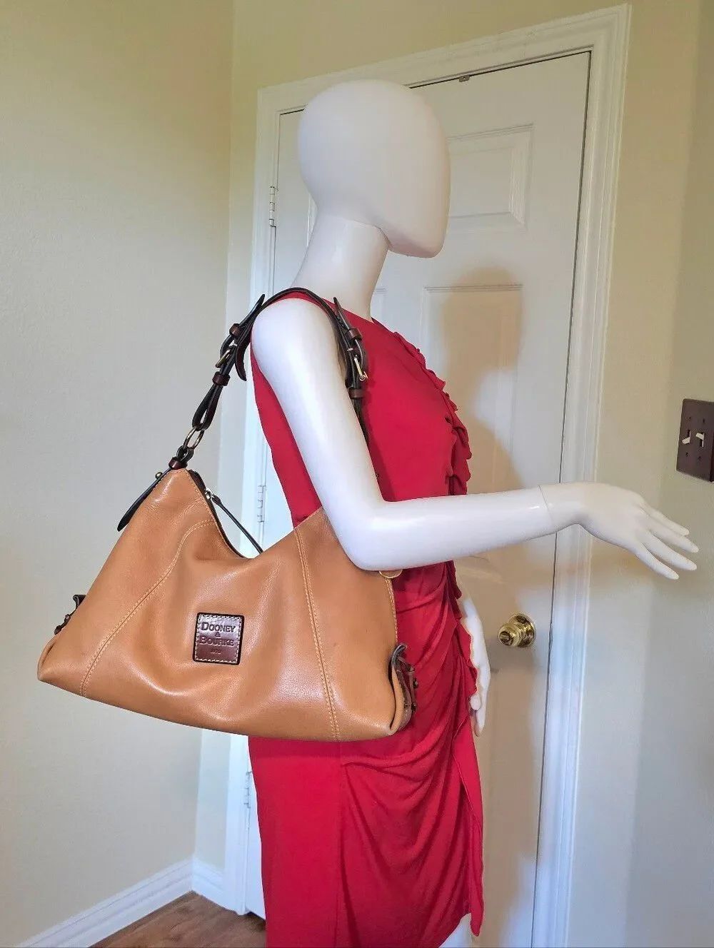 Dooney & Bourke Tan Leather Shoulder Hobo with Dark Brown Accents